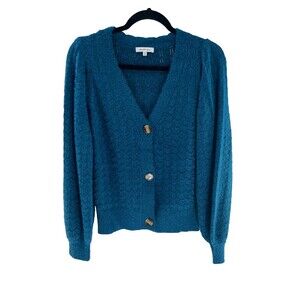 Women's Another Love Teal Fuzzy Soft Puff Sleeve Cardigan Sweater Size S